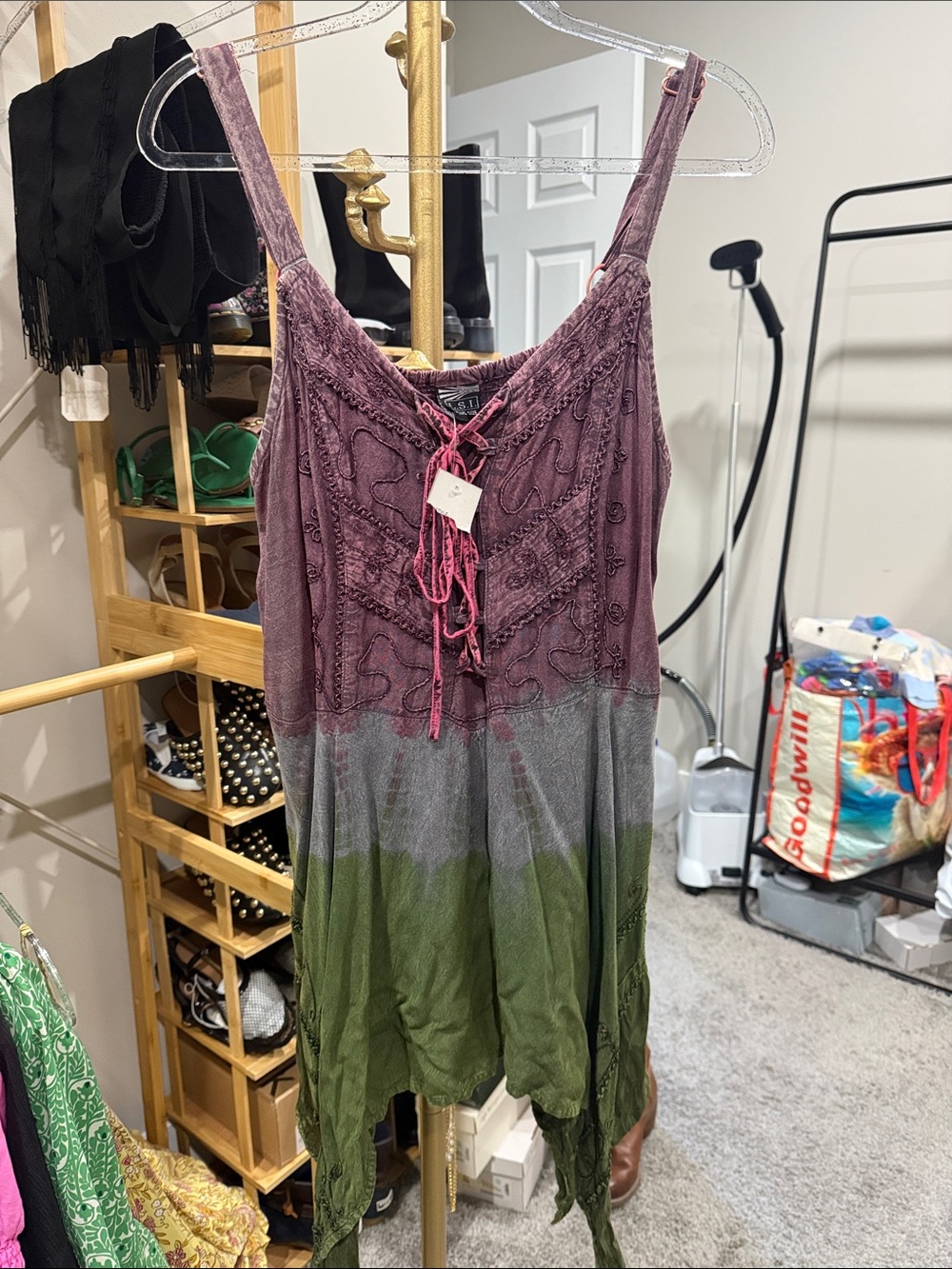Boho Ombre Tie-Front Layered tunic top- Purple & Green embroidered fits most - Picture 2 of 7